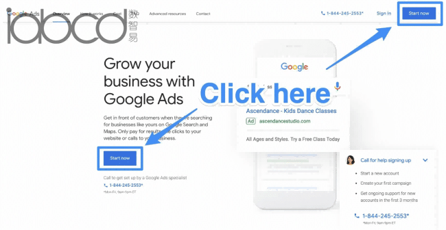 Google Ads 首頁“立即開始”按鈕